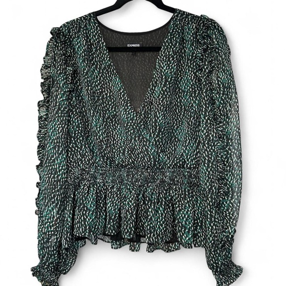 Express Tops - Express Black & Green Printed Ruffle Surplice Blouse